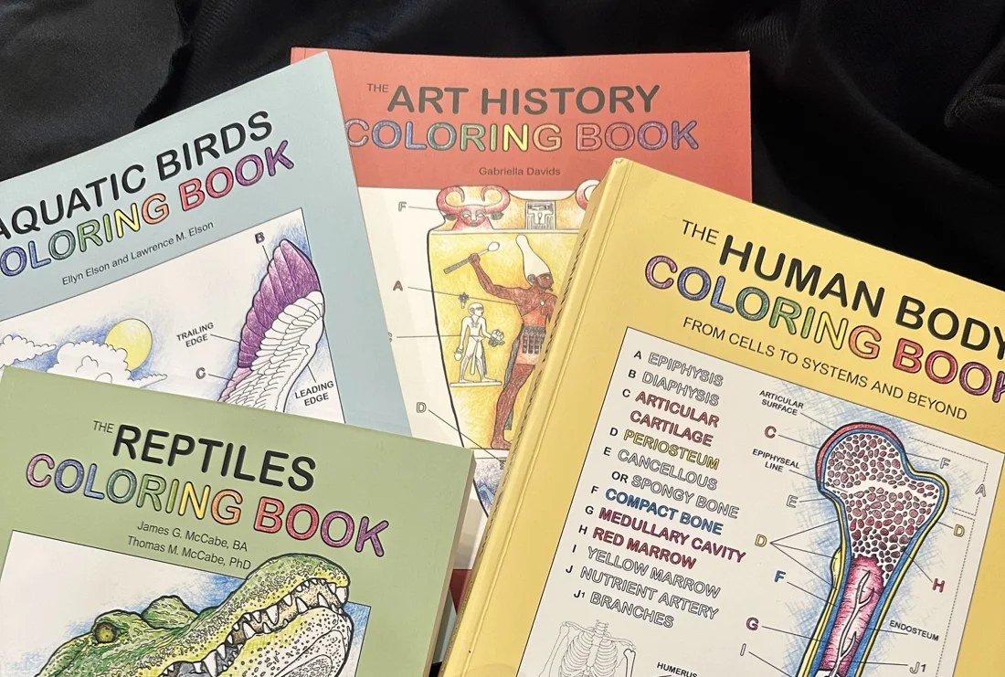 The Aquatic Birds, Art History, Reptiles and Human Body coloring books